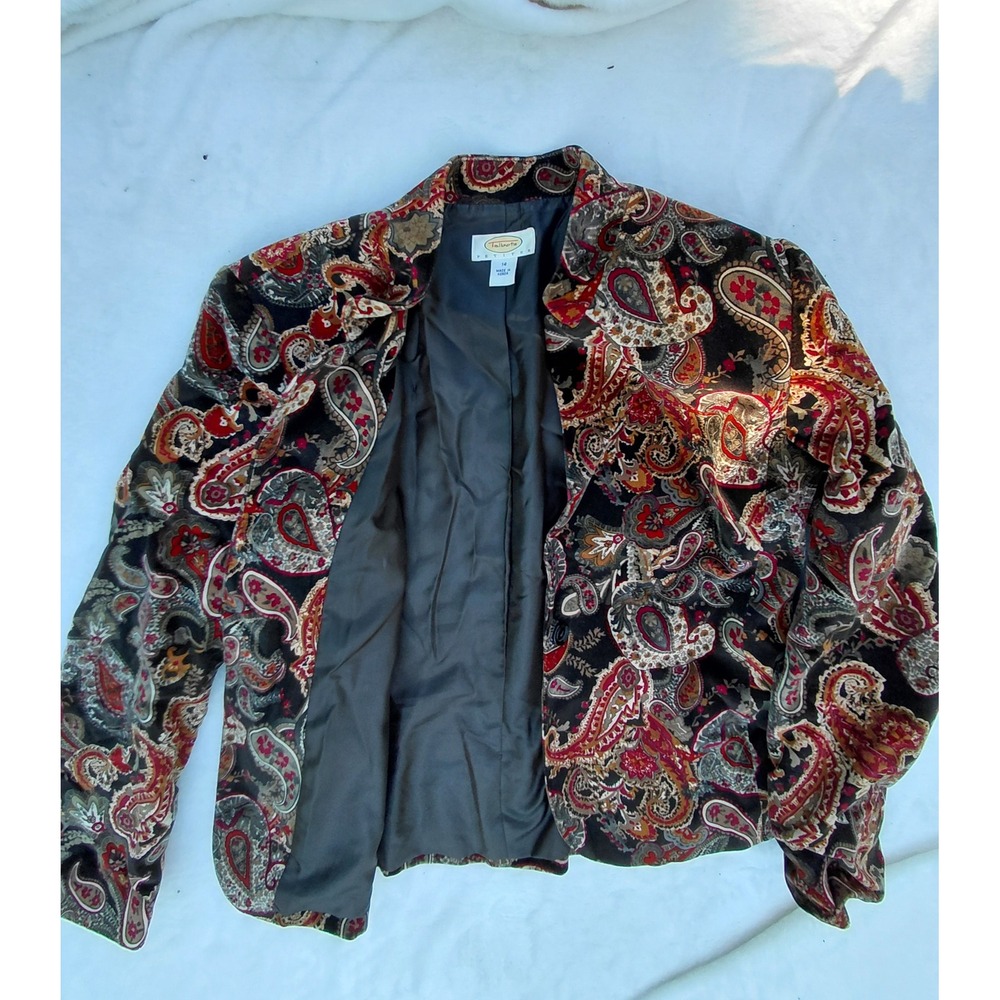 Talbots Petites Velvet Paisley Blazer Jacket Red Black Gold Size 14P